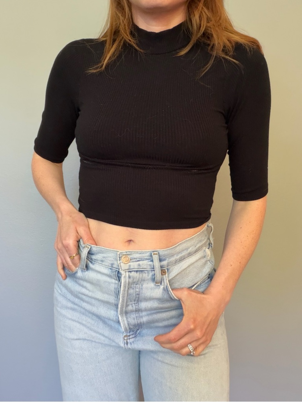Reformation Black Ribbed Mock Neck Crop Top